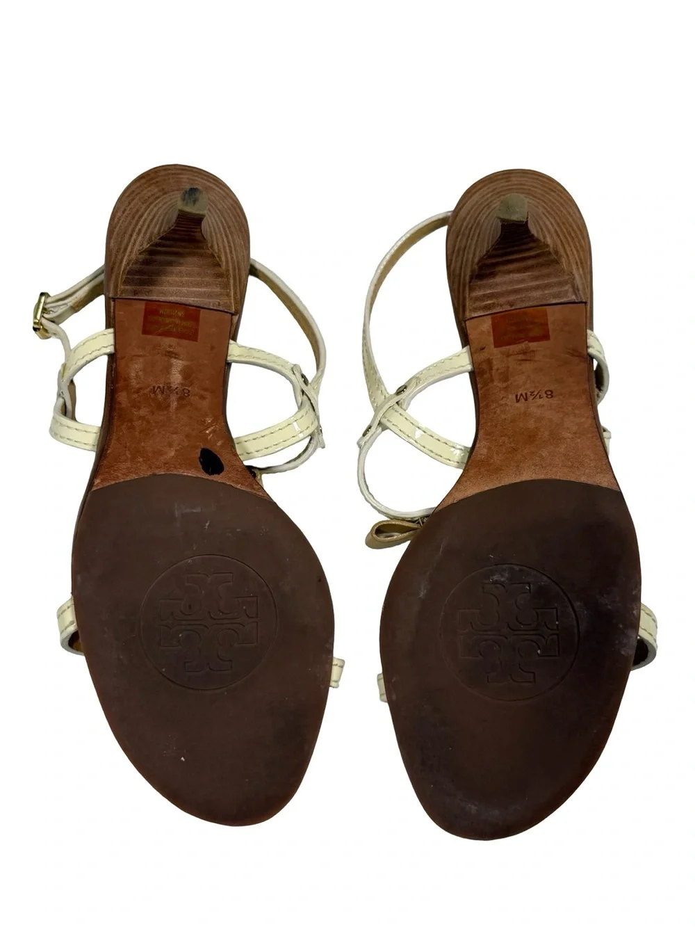 Tory Burch Kailey Patent Leather Bow Sandals Womens 8.5M Cream Tan Heels